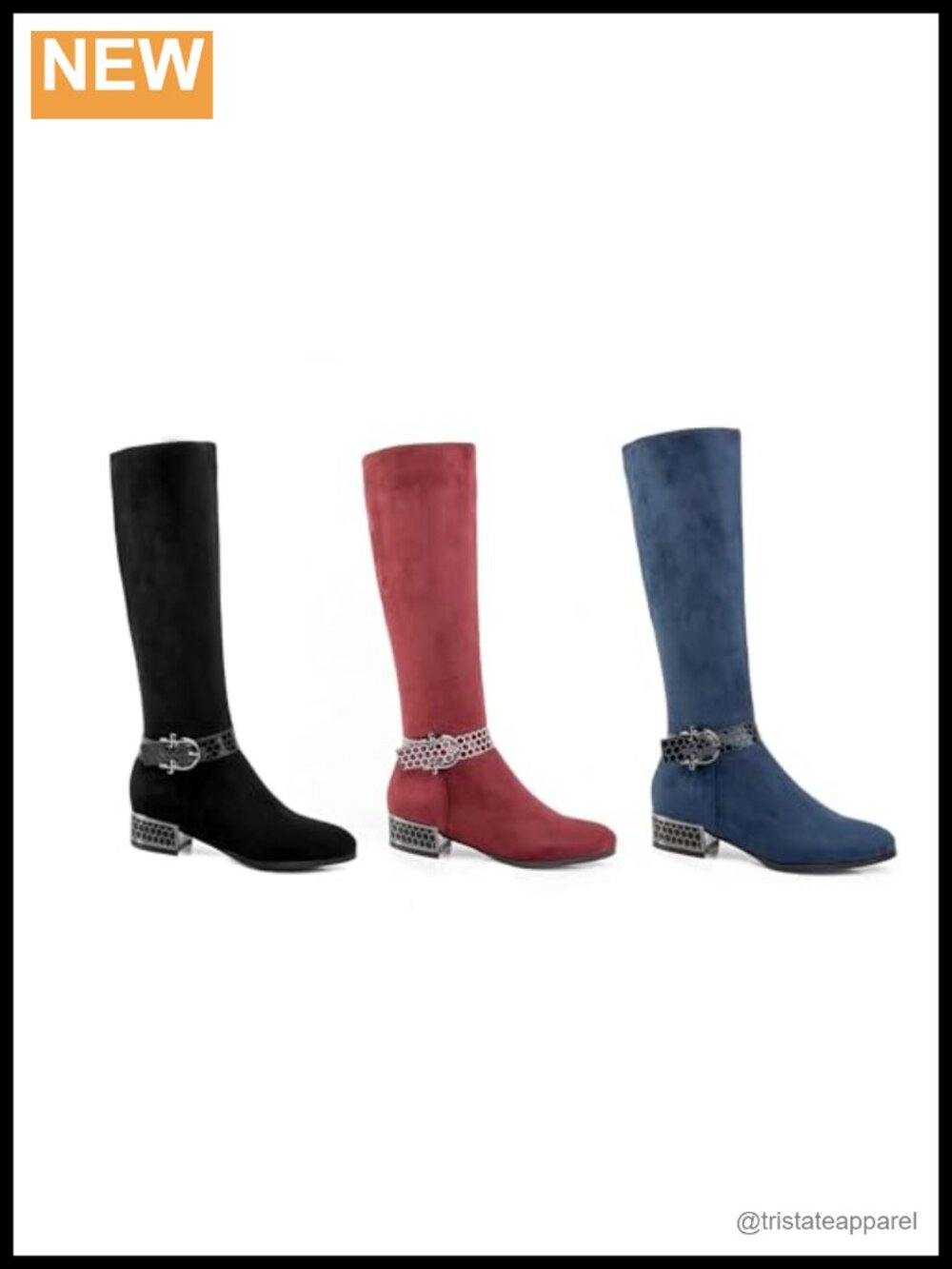 Knee High Block Heel Faux Suede Boots Beehive Patterned Straps - Picture 4 of 6